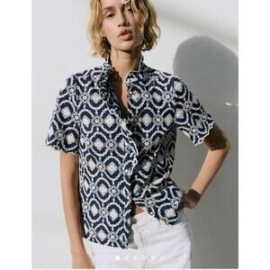 Sezane Blue White Embroidered Button Front Dalhia Manne Eyelet Blouse Sz 40/8